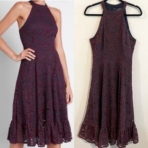 ModCloth Women's Whimsigoth Midi Dress Size 6 Red & Grey Lace Trapeze Halter